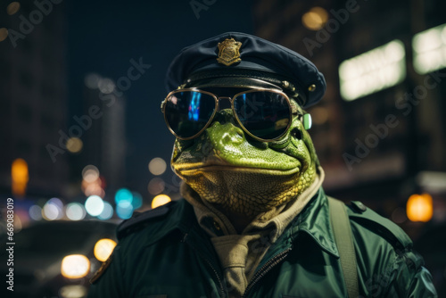 Man descended from frogs wearing uniforms and aviator sunglasses solving crimes in New York City at night