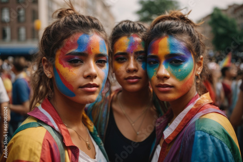 girls with painted rainbow colors on faces during lgbt demonstration  © Roman