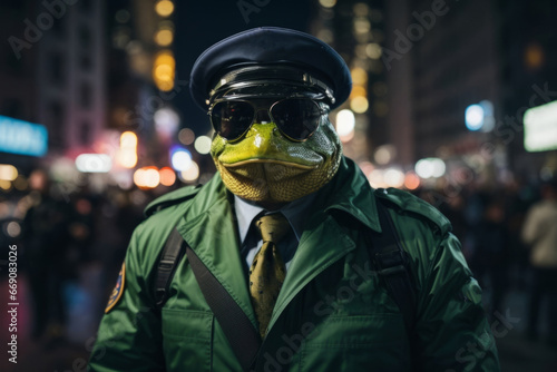 human evolved from frogs wearing police uniform with aviator sunglasses solving crimes in new york city at night