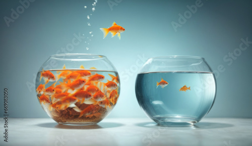 I'm not like others - be different concept - goldfish jumping in a bigger fish bowl