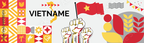 VIETNAME national day banner with map, flag colors theme background and geometric abstract retro modern colorfull design with raised hands or fists.