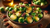 A delectable close-up of honey-glazed Brussels sprouts topped with crushed pecans, highlighting a favored side dish during the holiday feast.
