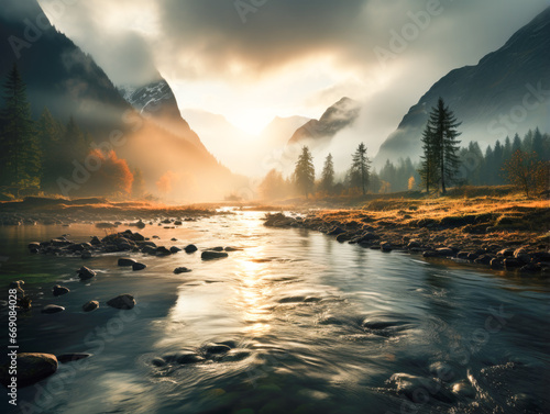 Hyper-realistic photo of a fjord landscape in November, featuring fog and sunbeams.