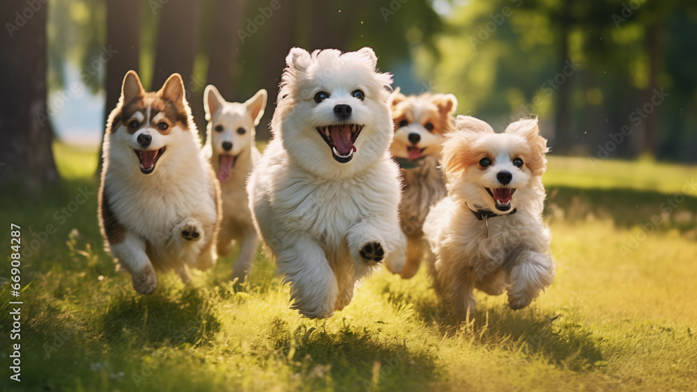 Cute puppies running on the lawn in the park Cute puppies running on the lawn in the park