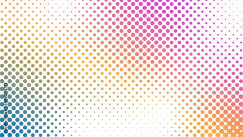 vector horizontal background in rainbow gradient halftone colors with randomly scattered dots.