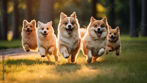 Cute puppies running on the lawn in the park