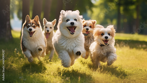 Cute puppies running on the lawn in the park photo