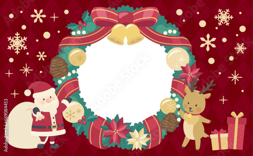 クリスマスリースのイラスト赤背景_横1