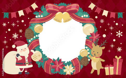 クリスマスリースのイラスト赤背景_横4