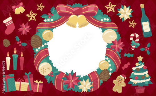 クリスマスリースのイラスト赤背景_横5