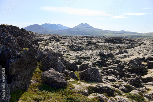 In the foreground a lava field covered with moss, in the background mountains.Helgafellssveit, Iceland. © Artur Nyk