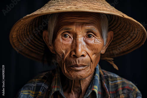 Close-up of old Vietnamese man wearing straw hat