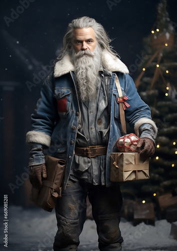Santa Claus de pie sin gorro y con ropa vaquera al lado de un árbol de navidad, sujeta unos paquetes con la mano izquierda y un zurrón con la mano derecha, larga barba y pelo blancos