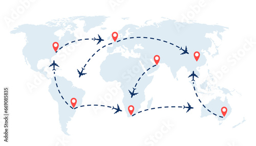 World travel map with airplanes, flight routes and pins marker. Vector illustration.