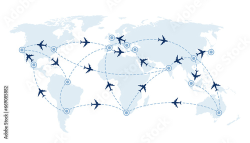 World travel map with airplanes, flight routes and pins marker. Vector illustration.