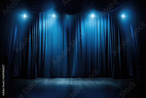 dark stage background with blue curtains and spotlights