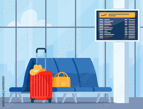 Empty airport arrival waiting room or departure lounge with chairs and information panels. Terminal hall with big airport window. Vector illustration.