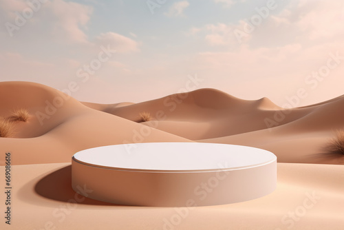 Round white podium in the desert dunes for product presentation
