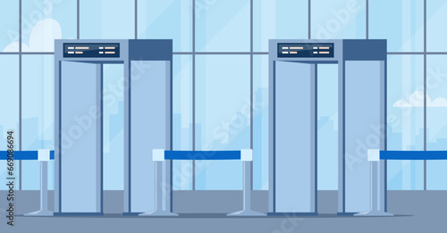 Airport security metal detectors in airport lounge. Full body scanners. Security check gates. Vector illustration.