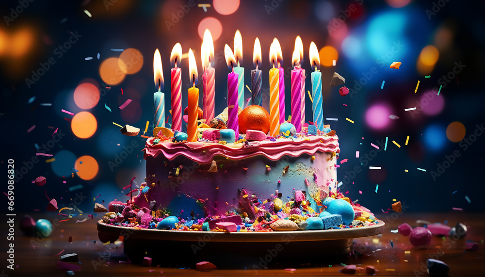 Tarta de cumpleaños de colores llamativos con velas encendidas y confeti en el aire. Decoración de pastel sorpresa. Tarta de cumpleaños de colores llamativos con velas encendidas y confeti en el aire. Decoración de pastel sorpresa.