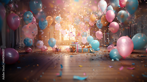 Habitación en horizontal para celebración llena de globos de colores rosas y azules y confeti volando por el aire con luz natural y suelo de madera. photo
