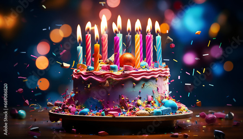 Tarta de cumpleaños de colores llamativos con velas encendidas y confeti en el aire. Decoración de pastel sorpresa.