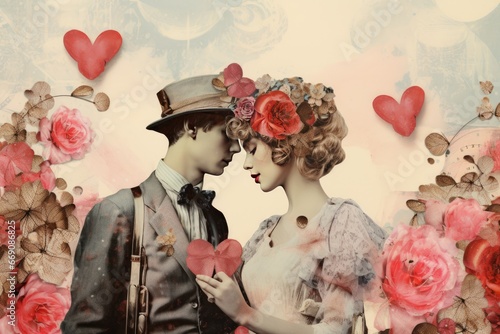 Romantic art collage with flowers and hearts