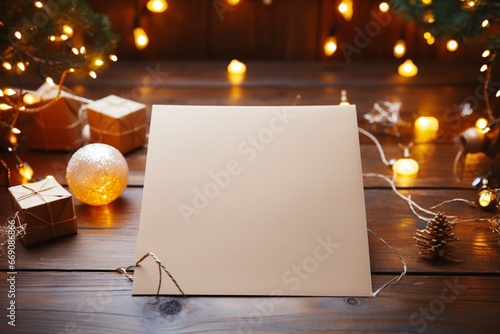 A blank paper surrounded by festive Christmas lights and colorful decorations