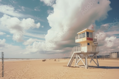 Lifeguard tower on the sand of Deauville beach in panorama with cloud sky © alisaaa