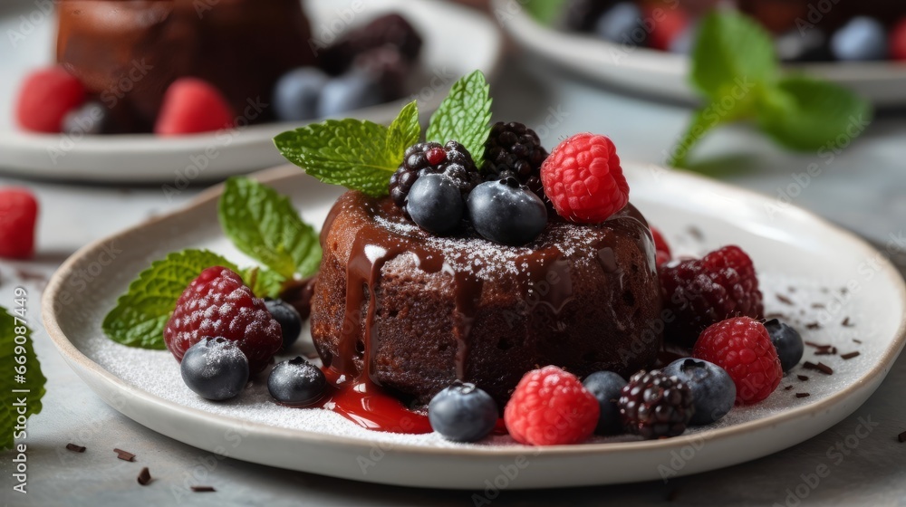 Plate with delicious chocolate fondant, berries and mint on white tiled table, closeup. Food concept. Sweet cuisine. Plate with delicious chocolate fondant, berries and mint on white tiled table, closeup. Food concept. Sweet cuisine.