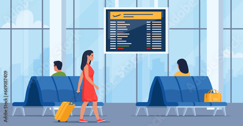 People in airport arrival waiting room or departure lounge with chairs and information panels. Terminal hall with big airport window. Vector illustration.