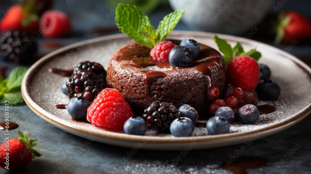 Plate with delicious chocolate fondant, berries and mint on white tiled table, closeup. Food concept. Sweet cuisine. Plate with delicious chocolate fondant, berries and mint on white tiled table, closeup. Food concept. Sweet cuisine.