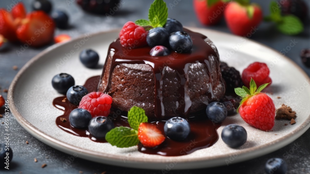 Plate with delicious chocolate fondant, berries and mint on white tiled table, closeup. Food concept. Sweet cuisine. Plate with delicious chocolate fondant, berries and mint on white tiled table, closeup. Food concept. Sweet cuisine.