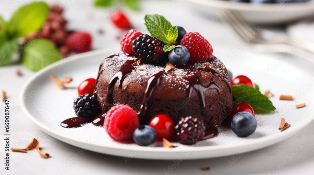 Plate with delicious chocolate fondant, berries and mint on white tiled table, closeup. Food concept. Sweet cuisine. Plate with delicious chocolate fondant, berries and mint on white tiled table, closeup. Food concept. Sweet cuisine.
