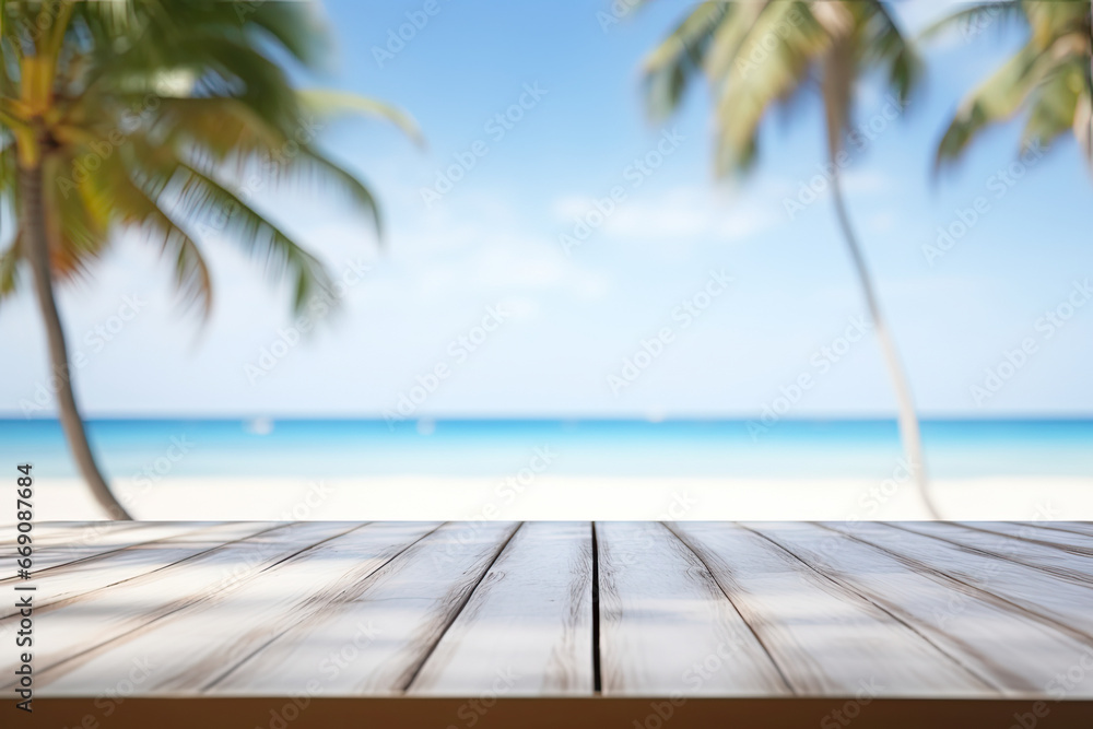 empty wooden table for product placement in front of sea, ocean and palm tree. 