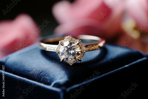 A wedding diamond ring elegantly presented on a charming jewelry box
