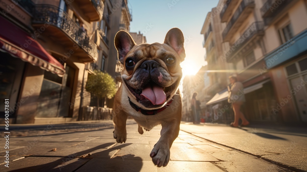 young cute french bulldog dog at city street at summer