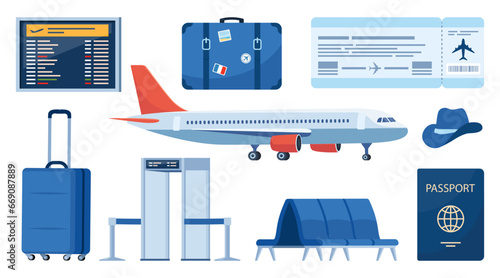 Airport terminal design elements. Traveling by plane, set of objects. Baggage, metal detector, air ticket, passport, information panel, lounge seats. Air travel concept. Tourism. Vector illustration.