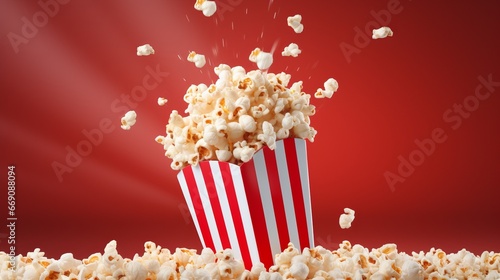 a clean detailed commercial studio photo of a bucket with cinema popcorn flying in the air on red gradient background. Junk comfort food ingredient levitation for advertising.