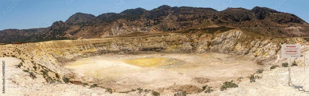 Stefanos crater of volcano in Nisiros, Kos, Dodecanese, Greece with sulfur and fumarole Stefanos crater of volcano in Nisiros, Kos, Dodecanese, Greece with sulfur and fumarole