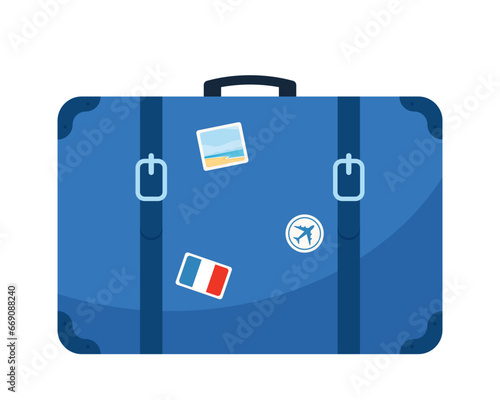 Vintage traveling leather suitcase with stickers. Cabin luggage. Traveling concept. Vector illustration.
