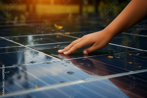 Close up A hand touches a solar panel, symbolizing renewable energy for climate change