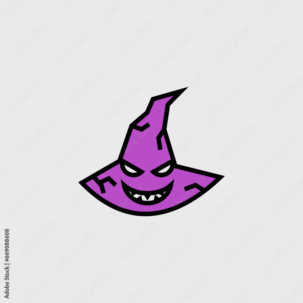 Fototapeta premium Witch hat devil smile cartoon cute, simple illustration, halloween, spooky, scary.