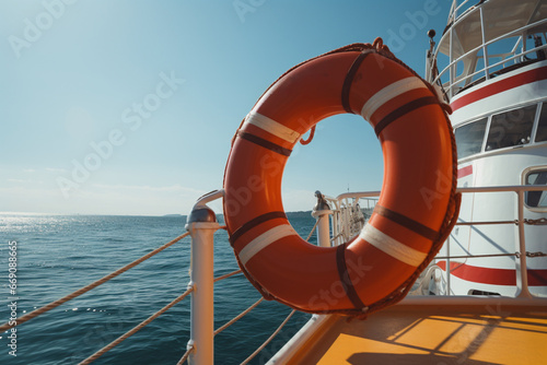Orange lifebuoy on a cruise ship, safely stored under an awning by the sea