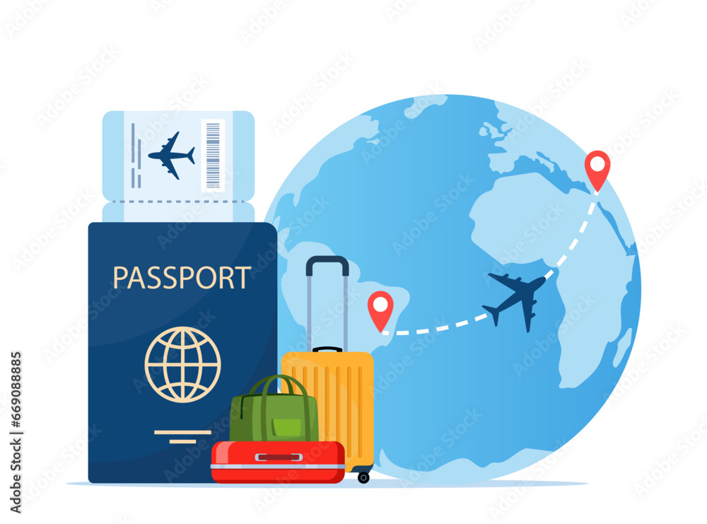 Passport with air ticket, baggage and planet earth. Time to travel concept. Traveling by plane. International flight. Vector illustration for poster, banner.