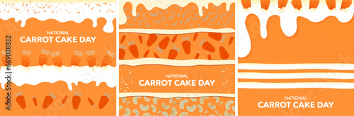 Cute National Carrot Cake Day Greeting Card Poster Designs. Flat Carrot Cake Slice with icing, carrot candies, cashews. Vector Illustration. 
