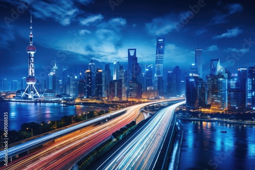 Shanghai Lujiazui Finance and Trade Zone of the modern city night background, Shanghai city skyline and expressway at night,China, AI Generated
