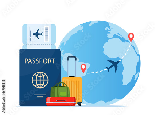 Passport with air ticket, baggage and planet earth. Time to travel concept. Traveling by plane. International flight. Vector illustration for poster, banner.