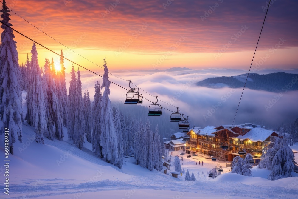 Sunrise in the winter mountains. Ski resort in Carpathians, Ukraine, ski resort in winter, AI Generated - obrazy, fototapety, plakaty 