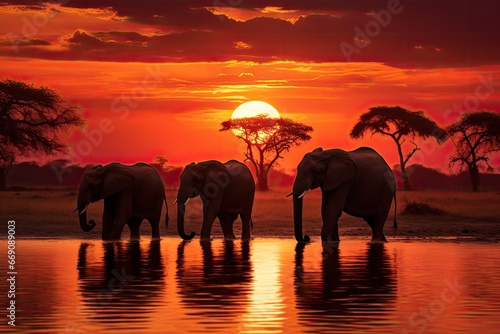 Canvas Print African elephants at sunset in Chobe National Park, Botswana, Africa, Silhouette